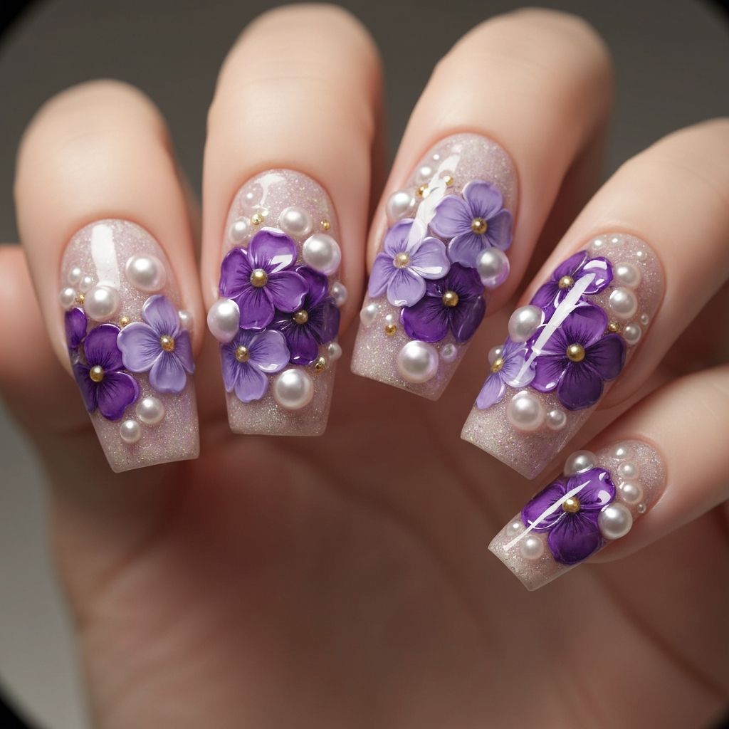 Nail art 3D con flores moradas y perlas