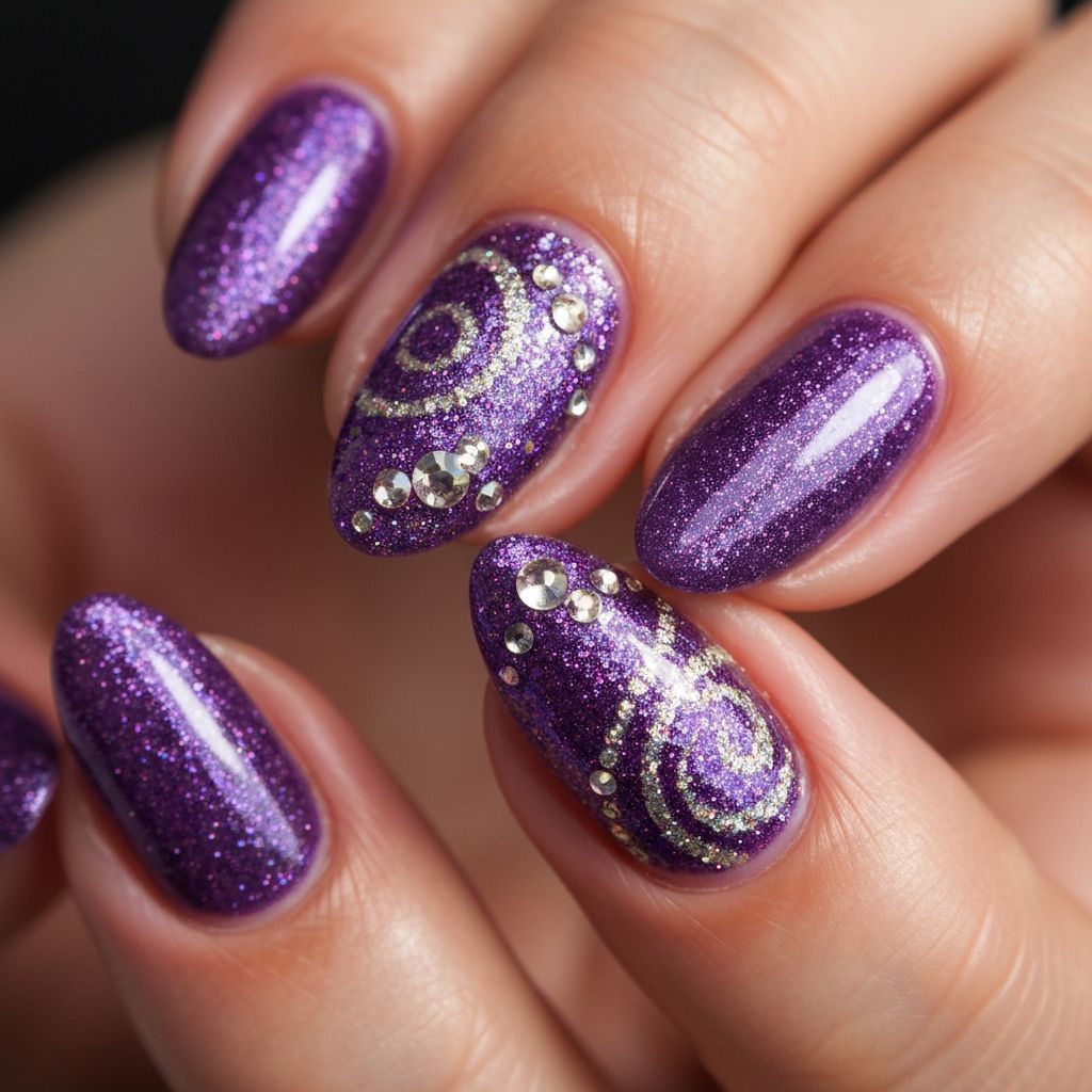 Diseño de uñas elegante con glitter morado y gemas