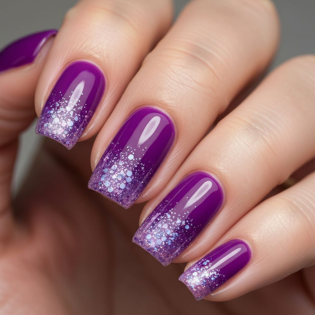 Uñas gel diseño fade glitter morado