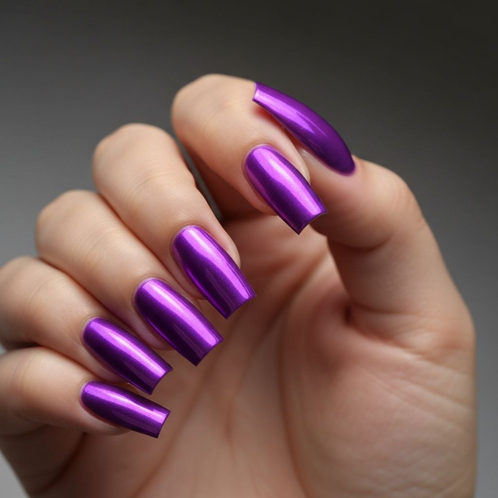 Uñas cuadradas largas acabado chrome morado